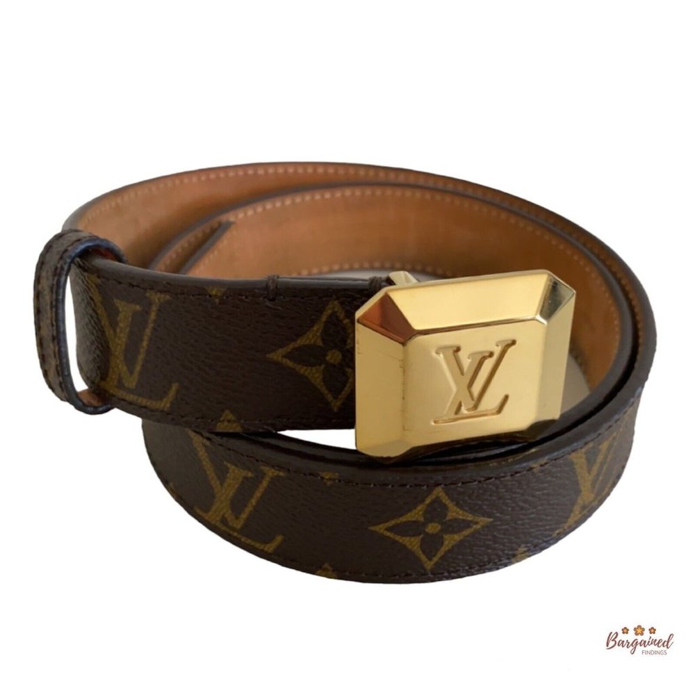 Authentic Louis Vuitton Monogram Canvas Cabochon Gold Logo Buckle Belt 80/32